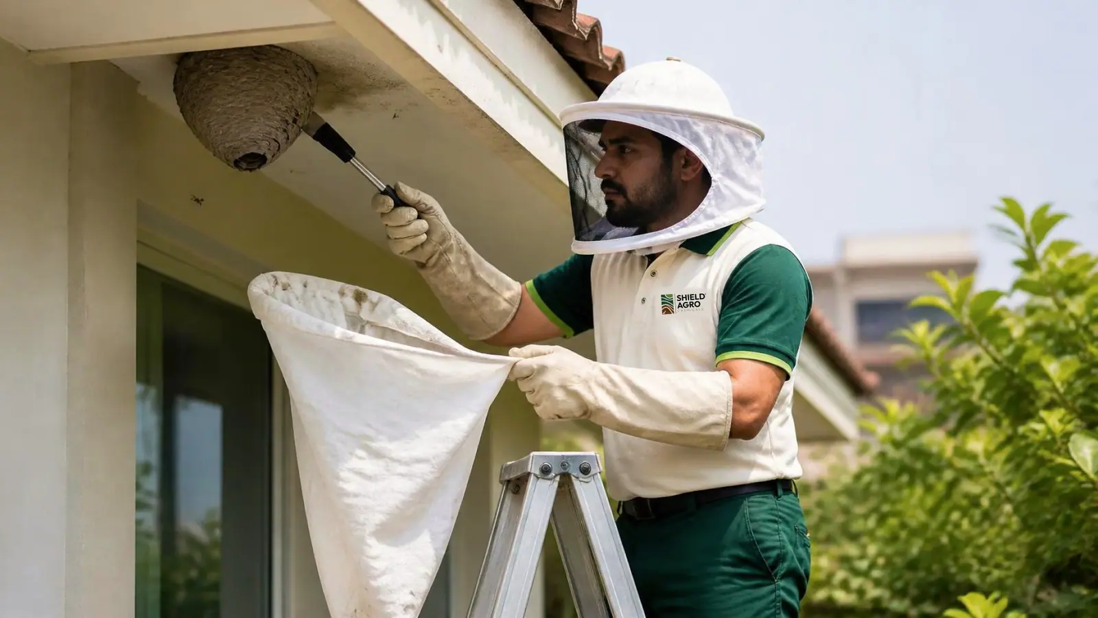 Shield Agro technician carrying out bee & wasp nest removal
