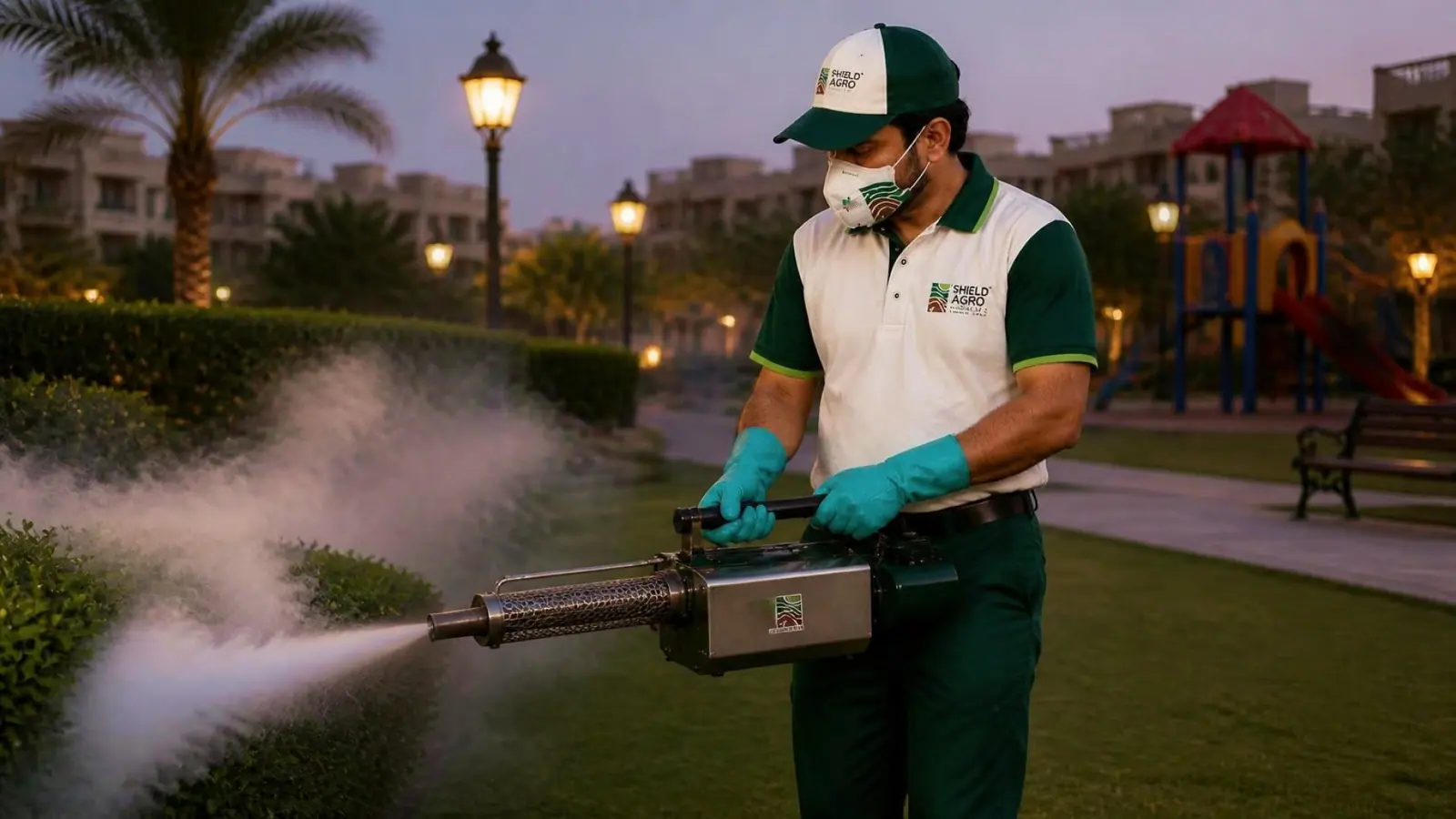 Shield Agro technician carrying out dengue & mosquito fogging