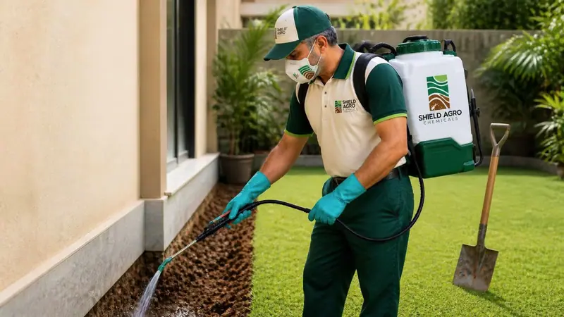Shield Agro technician carrying out foundation & plinth termite treatment