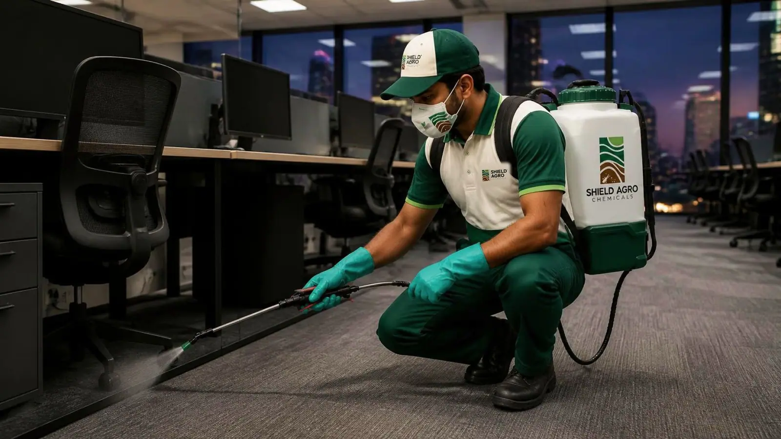 Modern office interior in Lahore being treated by a uniformed Shield Agro technician after hours