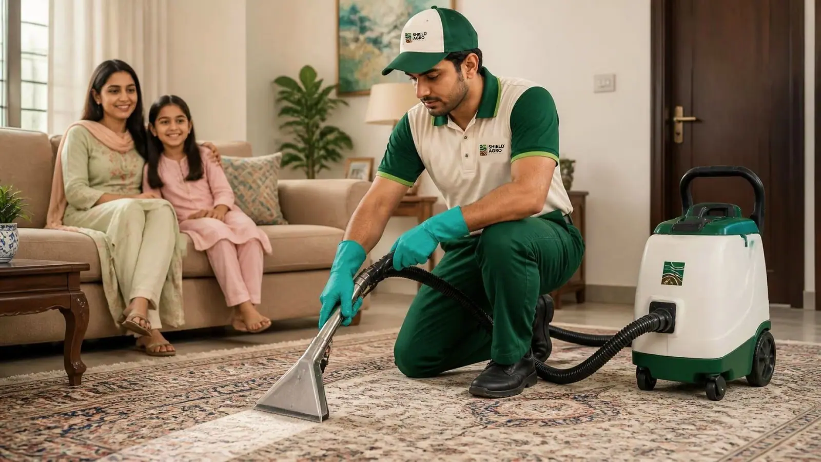 Shield Agro technician carrying out sofa & carpet cleaning
