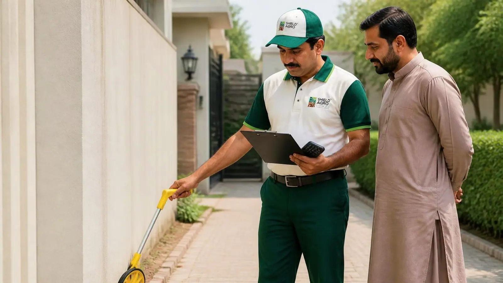Shield Agro technician injecting termiticide along a house foundation in Lahore