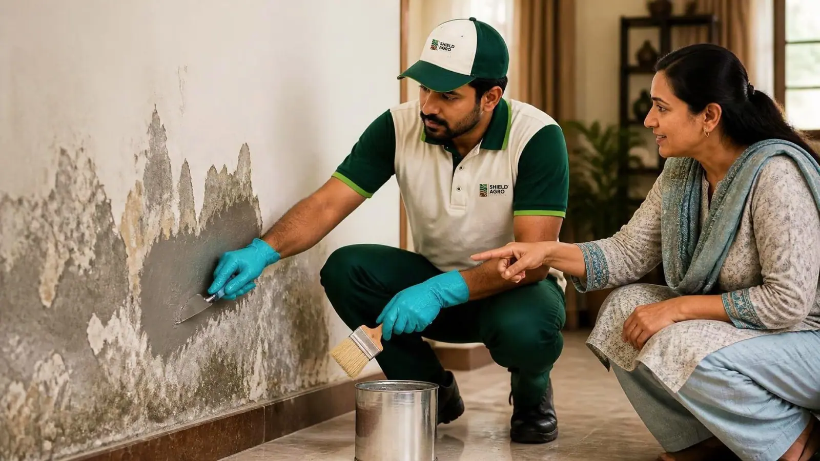 Shield Agro technician carrying out wall seepage treatment