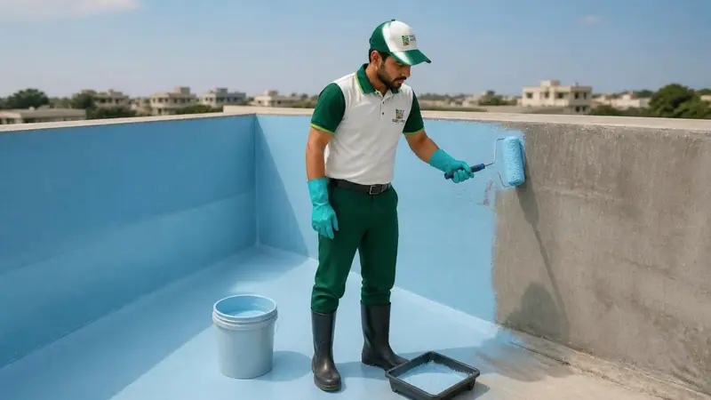 Shield Agro technician carrying out water tank waterproofing