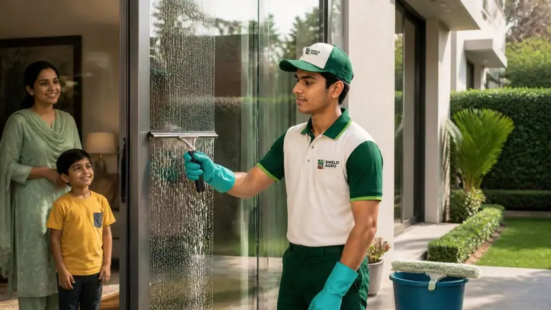 Shield Agro technician carrying out window & glass cleaning