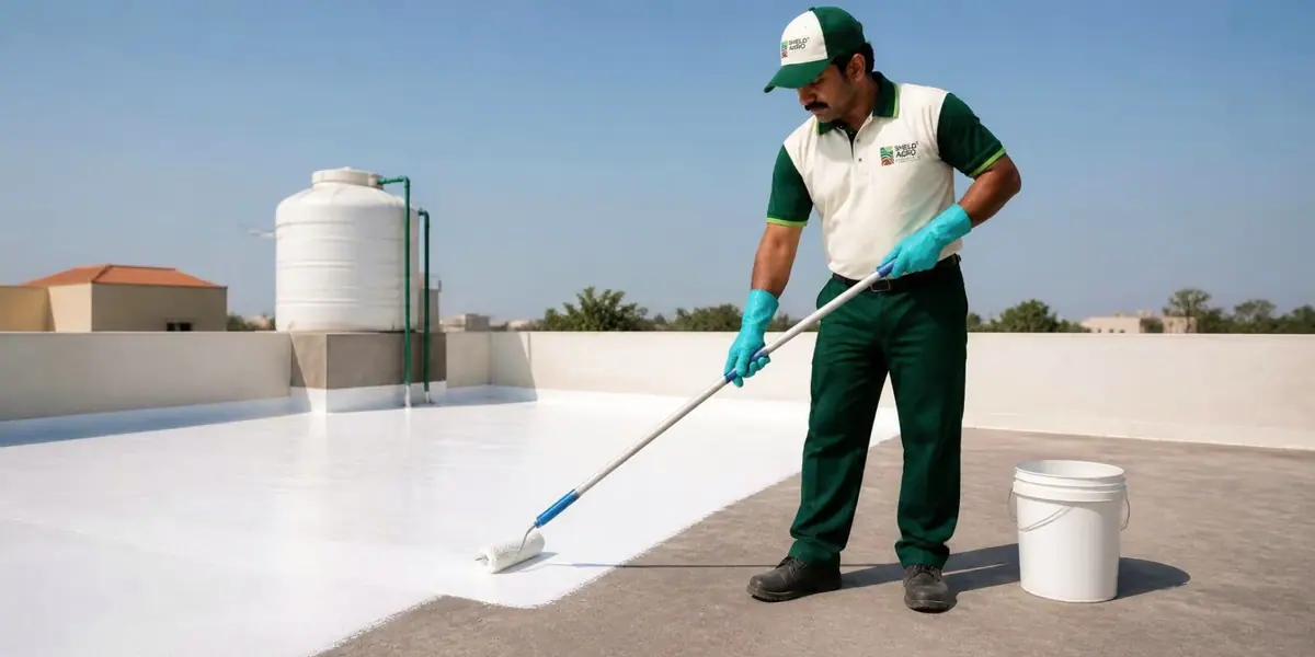 Roof heatproofing coating being rolled on