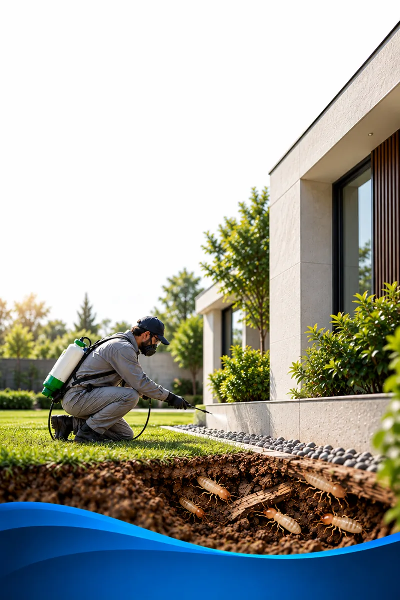 Shield Agro technician drilling and injecting a termiticide barrier along the outside foundation of a house
