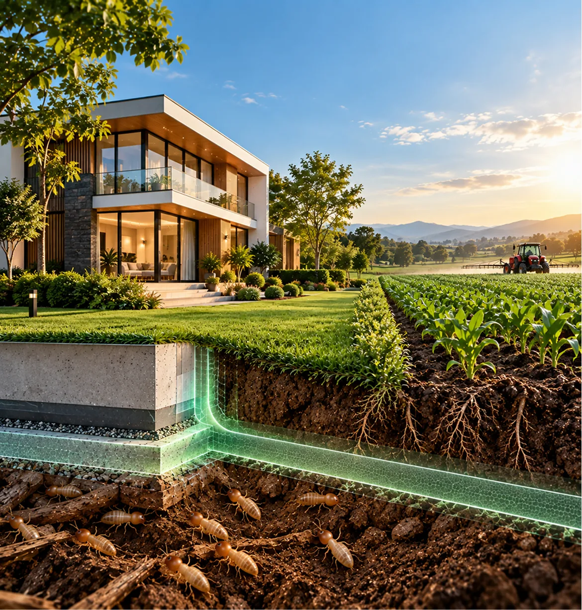 Diagram of a continuous termiticide barrier in the soil around a house foundation